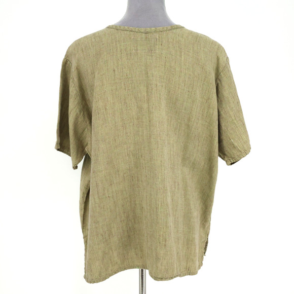 Flax Top Womens Medium Green Gold Linen Tunic Blouse Side Slits Lagenlook - Picture 2 of 12